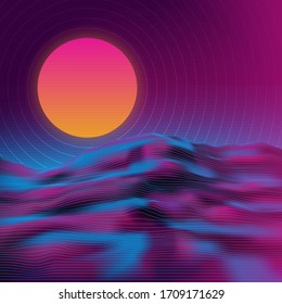 Synthwave 80’s retro 3D landscape, Vector Wireframe Mesh