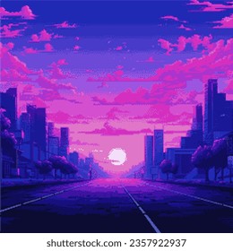 Synthwave retro 8-bit pixel art of sunset cityscape in neon colors.