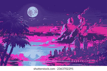 Synthwave retro 8-bit pixel art landscape with palms and moon in neon colors.