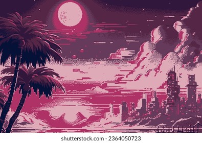 Synthwave retro 8-bit pixel art landscape with palms and moon.