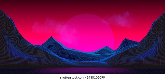 Synthwave retro background with grid mountain and neon pink sunset. Realistic vector illustration of new retro wave backdrop in 80s style. Abstract wireframe geometric hills landscape with sun.