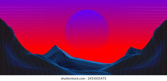 Synthwave Retro Hintergrund mit Grid Berg und neonrosa Sonnenuntergang. Realistische Vektor-Illustration der neuen Retro-Wellen-Kulisse im 80er-Jahre-Stil. Abstrakte Drahtgitter geometrische Hügel Landschaft mit Sonne.