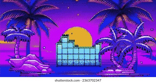 Synthwave retro background with palm trees and sun in pixel art style.