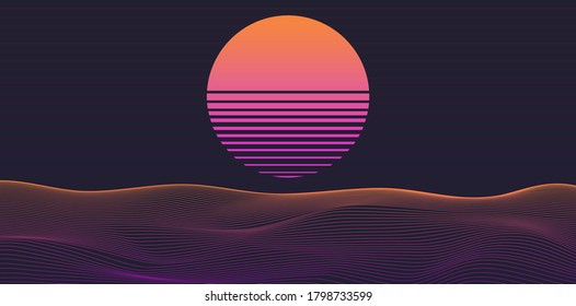 Fondo retro de ondas sintéticas con sol y paisaje de cuadrícula 3d. Ilustración vectorial.
