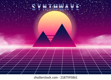 Synthwave retro banner vaporwave aesthetic background. Pyramids grid 3d, sunset 80 s retrowave