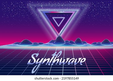 Synthwave retro banner vaporwave aesthetic background. Mountains triangle grid 3d, sunset 80's retrowave