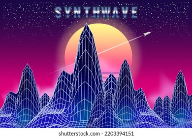 Synthwave retro banner vaporwave aesthetic background. Mountains landscape grid 3d, sunset 80's retrowave