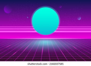 Synthwave Retro Blue Planet Neon Grid Hintergrund 80er Jahre Futuristische Party Style Hintergrund