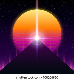Synthwave retro design, Pyramid, ray and sun, vector illustration