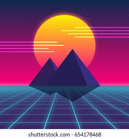 Synthwave retro design, Pyramids and sun, vector illustration