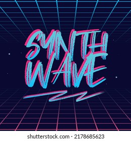 Synthwave Retro Futuristic Glow Logo. Neon Logo Design. 80's Style Label With Abstracts Brush. Vector Print For T-shirt, Typography.