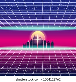 Synthwave Retro Futuristic Landscape With City, Sun, Stars And Styled Laser Grid. Neon Retrowave Design And Elements Sci-fi 80s 90s Space. Vector Illustration Template Isolated Background
