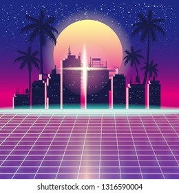 Synthwave Retro Futuristic Landscape With City Palms, Sun, Stars And Styled Laser Grid. Neon Retrowave Design And Elements Sci-fi 80s 90s Space. Vector Illustration Template Isolated Background