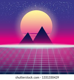 Synthwave Retro Futuristic Landscape With Pyramids Sun And Styled Laser Grid. Neon Retrowave Design And Elements Sci-fi 80s 90s Space. Vector Illustration Template Isolated Background
