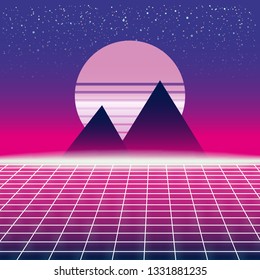 Synthwave Retro Futuristic Landscape With Pyramids Sun And Styled Laser Grid. Neon Retrowave Design And Elements Sci-fi 80s 90s Space. Vector Illustration Template Isolated Background