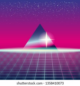 Synthwave Retro Futuristic Landscape With Pyramids And Styled Laser Grid. Neon Retrowave Design And Elements Sci-fi 80s 90s Space. Vector Illustration Template Isolated Background