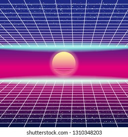 Synthwave Retro Futuristic Landscape With Sun And Styled Laser Grid. Neon Retrowave Design And Elements Sci-fi 80s 90s Space. Vector Illustration Template Isolated Background