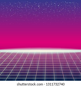 Synthwave Retro Futuristic Landscape With Sun And Styled Laser Grid. Neon Retrowave Design And Elements Sci-fi 80s 90s Space. Vector Illustration Template Isolated Background