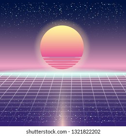 Synthwave Retro Futuristic Landscape With Sun And Styled Laser Grid. Neon Retrowave Design And Elements Sci-fi 80s 90s Space. Vector Illustration Template Isolated Background