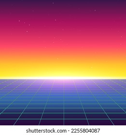 Synthwave Retro Landscape in 80's Style. Graphic For Retro Wave Music. Album Cover. 1984 skyline design. 3D VR futuristic illustration for print. Abstract colorful wallpaper.