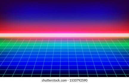 Synthwave or retro wave background. Futuristic music vector neon landscape with grid. Video game 3d background, 80s style.
