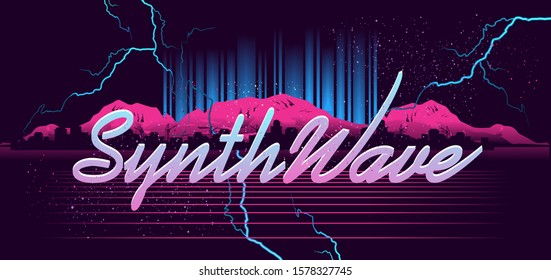 Synthwave retro wave, cyber landscape with laser grid luminous rays. Horizontal web banner, vector illustration vaporwave retrowave