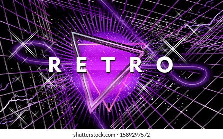 Synthwave retro wave, cyber landscape with laser grid luminous rays. Horizontal web banner, vector illustration vaporwave retrowave