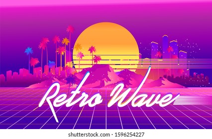 Synthwave retro wave, cyber landscape with laser grid luminous rays. Horizontal web banner, vector illustration vaporwave retrowave