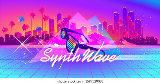 Synthwave retro wave, cyber landscape with laser grid luminous rays. Horizontal web banner, vector illustration vaporwave retrowave