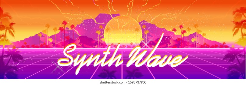 Synthwave retro wave, cyber landscape with laser grid luminous rays. Horizontal web banner, vector illustration vaporwave retrowave