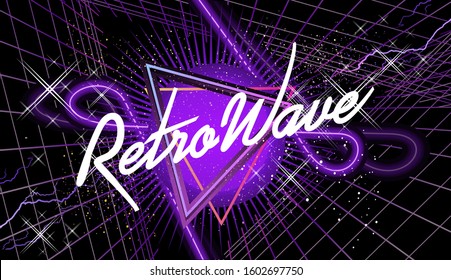 Synthwave retro wave, cyber landscape with laser grid luminous rays. Horizontal web banner, vector illustration vaporwave retrowave