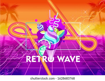 Synthwave retro wave, cyber landscape with laser grid luminous rays. Horizontal web banner, vector illustration vaporwave retrowave