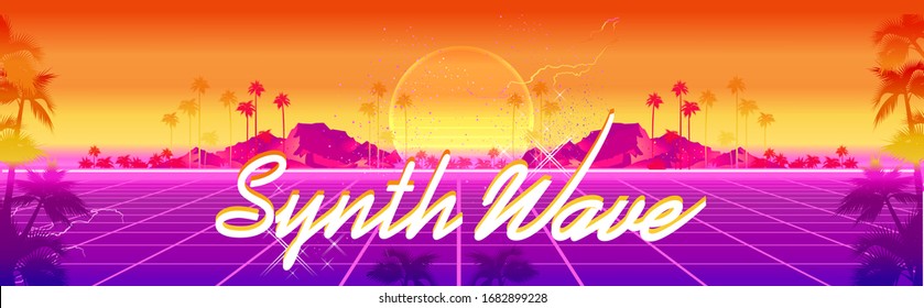 Ola retro de ondas sintéticas, ciberpaisaje con rayos luminosos de rejilla láser. Banner web horizontal, ilustración vaporwave retrowave