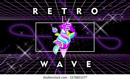 Synthwave retro wave, space vkusnuypirogek, retro 80s, horizontal banner with neon colors