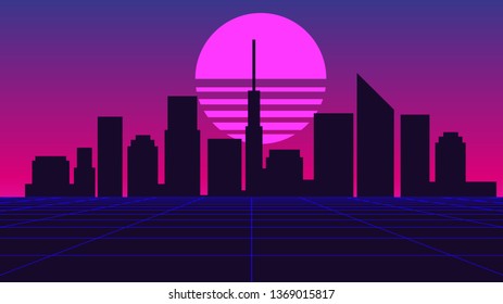 Synthwave, retrowave, abstract metropolis simple background. Night city silhouette.