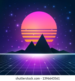 synthwave retrowave background with sun, mountains and wireframe net  vector illustration 