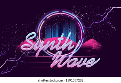 Synthwave Retrowave, Retro 80s, Ad Or Invitation To A Theme Party With Neon Colors, Vector Illustration