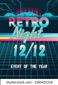 Synthwave Retrowave, Retro 80s, Vertical Poster, Ad Or Invitation To A Theme Party With Neon Colors, Vector Illustration