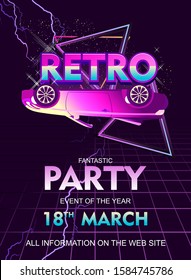 Synthwave Retrowave, Retro 80s, Vertical Poster, Ad Or Invitation To A Theme Party With Neon Colors, Vector Illustration