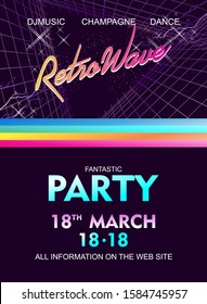 Synthwave Retrowave, Retro 80s, Vertical Poster, Ad Or Invitation To A Theme Party With Neon Colors, Vector Illustration