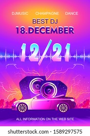 Synthwave Retrowave, Retro 80s, Vertical Poster, Ad Or Invitation To A Theme Party With Neon Colors, Vector Illustration