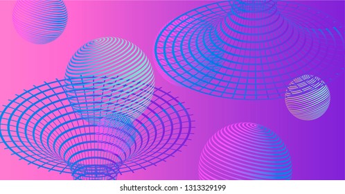 Synthwave retrowave style background. Abstract shapes in neon vivid color palette: wireframe of tunnel, spheres.