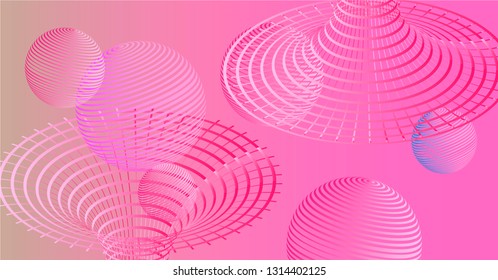 Synthwave/ retrowave style background. Abstract shapes in neon vivid color palette: wireframe of tunnel, spheres.