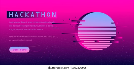 Synthwave/ retrowave style web page tempate for Hackathon event, Programming meet up. 80s-90s Video game cyberlandscape in neon color palette. 