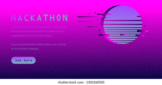 Synthwave/ retrowave style web page tempate for Hackathon event, Programming meet up. 80s-90s Video game cyberlandscape in neon color palette. 