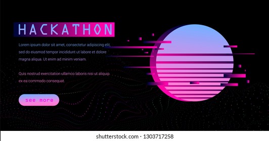 Synthwave/ retrowave style web page tempate for Hackathon event, Programming meet up. 80s-90s Video game cyberlandscape in neon color palette. 