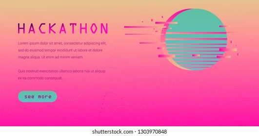 Synthwave/ retrowave style web page tempate for Hackathon event, Programming meet up. 80s-90s Video game cyberlandscape in neon color palette. 