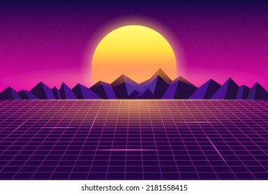 Synthwave Retrowave Sun Illuminated Glowing Mountains Wireframe Landscape Illustration Background