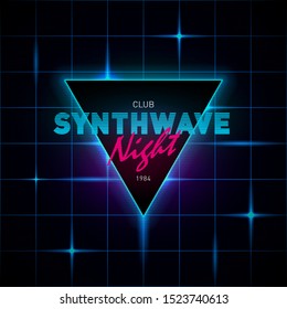 Synthwave / retrowave triangle with blue and pink glowing on dark background with glowing blue laser grid. Design for poster, flyer, etc. Eps 10.