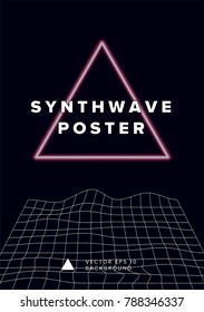 Synthwave sci-fi futuristic design template with neon glowing triangle on dark background.